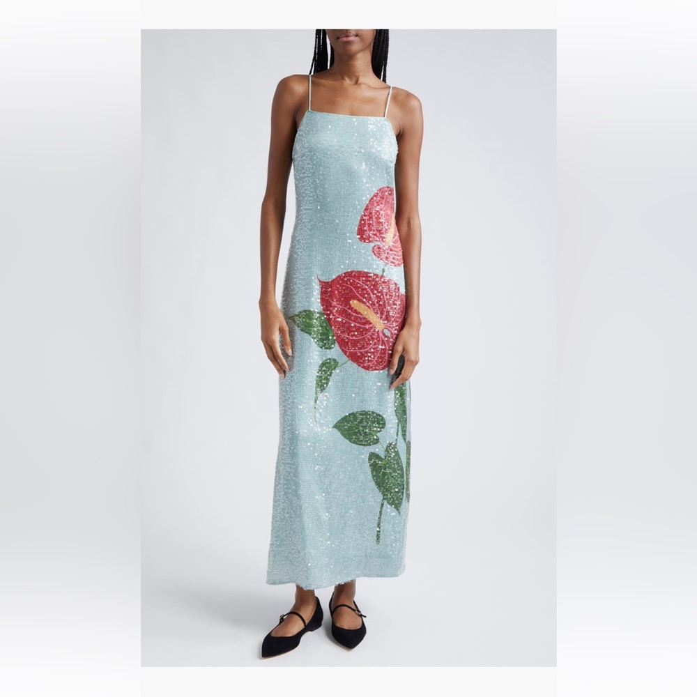 FARM Rio Anthurium Flowers Blue Slip Maxi Dress